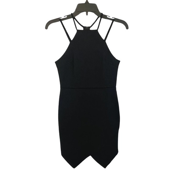 WINDSOR | Black Spaghetti Strap Asymmetrical Hem Mini Slim Bodycon Dress - Picture 2 of 14